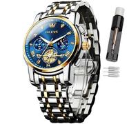 OLEVS Mens Watch Time Code Stainless Steel Strap Glow Waterproof Multi Functional Sub dial Watch Business Dress Quartz Round Luxury Watches for Men (2856-Two Tone Strap with Blue dial-1)