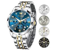 OLEVS Mens Watches Chronograph Multi-Function Wristwatch Stainless Steel Waterproof Quartz Business Casual Dress Watch with Moon Phase Luminous Diamond Luxury Male Watch Gifts for Men, Silver Gold