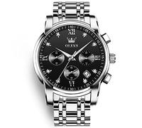 OLEVS Mens Watches Classic Black Roman Numerals Dial Diamond Men's Watch Big Face Silver Stainless Steel Analog Quartz Watch Men Luminous Waterproof with Date Chronograph Watches for Men