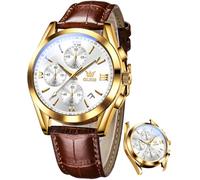 OLEVS Men's Watches Gold Blue Stainless Steel Watch Men with Diamond Face Quartz Waterproof Casual Elegant Wrist Watch Gift, Brown and white watch for men, Strap.
