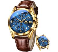 OLEVS Men's Watches Gold Blue Stainless Steel Watch Men with Diamond Face Quartz Waterproof Casual Elegant Wrist Watch Gift, blue watch for men, Chronograph