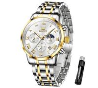 OLEVS Mens Watches Luxury Big Face Waterproof Stainless Steel Analog Quartz Multifunctional Luminous Date Two Tone Fashion Dress Wrist Watches for Man, G5529-Silver Gold-Silver, ROUND, Luxury Watch