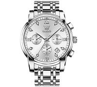 OLEVS Mens Watches Luxury Waterproof Luminous Easy Read Chronograph Watches Full Gold/White Dail/Black Face with Calendar Wrist Watches, Silver-White Face, ROUND, Luxury Silver Watch for Men