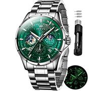 OLEVS Mens Watches Starry Sky Moon Phase Dial Luxury Business Dress Analog Quartz Classic Casual Date Wrist Watches Waterproof Luminous, Silver Band Green Dial, Quartz Watches