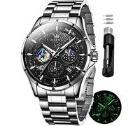 OLEVS Mens Watches Starry Sky Moon Phase Dial Luxury Business Dress Analog Quartz Classic Casual Date Wrist Watches Waterproof Luminous, Silver Band Black Dial, Quartz Watches
