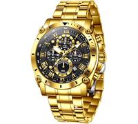 OLEVS Mens Watches Stylish Big Face Luxury Dress Moon Phase Two Tone Stainless Steel Waterproof Original Business Calendar Wrist Watch, G3689: Gold band & Black dial, Original Luxury Present Gift