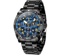 OLEVS Mens Watches Stylish Big Face Luxury Dress Moon Phase Two Tone Stainless Steel Waterproof Original Business Calendar Wrist Watch, G3689: Black band & Blue dial, Original Luxury Present Gift