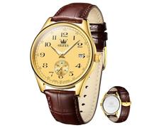 OLEVS Mens Watches Vintage Leather Band Dress Classic Easy Reader Arabic Numerals Analog Quartz Waterproof Date Day Men's Wrist Watches, Brown Gold Gold, ROUND, Luxury Watch