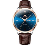 OLEVS Mens Watches with Leather Band Dress Vintage Classic Easy Reader Arabic Numerals Analog Quartz Waterproof Date and Day Blue/Black/White Large Face Men's Wrist Watches, G2935P-Brown Blue, ROUND