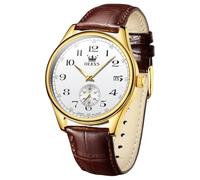 OLEVS Mens Watches with Leather Band Dress Vintage Classic Easy Reader Arabic Numerals Analog Quartz Waterproof Date and Day Blue/Black/White Large Face Men's Wrist Watches, G3622P-Brown Gold Silver