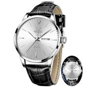 OLEVS Mens Watches with Leather Band Dress Vintage Classic Easy Reader Arabic Numerals Analog Quartz Waterproof Date and Day Blue/Black/White Large Face Men's Wrist Watches, G2935P-Black Silver, ROUND