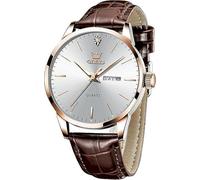 OLEVS Mens Watches with Leather Band Dress Vintage Classic Easy Reader Arabic Numerals Analog Quartz Waterproof Date and Day Blue/Black/White Large Face Men's Wrist Watches, G2935P-Brown Silver, ROUND