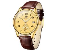 OLEVS Mens Watches with Leather Band Dress Vintage Classic Easy Reader Arabic Numerals Analog Quartz Waterproof Date and Day Blue/Black/White Large Face Men's Wrist Watches, G3622P-Brown Gold Gold