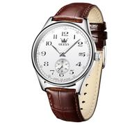 OLEVS Mens Watches with Leather Band Dress Vintage Classic Easy Reader Arabic Numerals Analog Quartz Waterproof Date and Day Blue/Black/White Large Face Men's Wrist Watches, G3622P-Brown Silver, ROUND