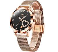 OLEVS Rose Gold Women's Watch, Stainless Steel, Casual Small Watch, Women's Waterproof, Modern Analogue Watch with Mesh Strap, Ultra Thin Women's Watch with Diamond Heart, 5189 Black Face/Rose Gold