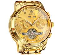 OLEVS Self Winding Watches for Men Automatic Mechanical Dress Tourbillon Stainless Steel Dual Calendar Waterproof Luminous Wrist Watch, ALL GOLD, Modern
