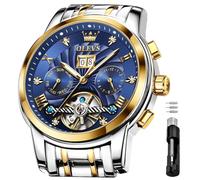 OLEVS Self Winding Watches for Men Automatic Mechanical Skeleton Luxury Dress Waterproof Moon Phase Tourbillon Chronograph Stainless Steel Luminous Wristwatch, Blue