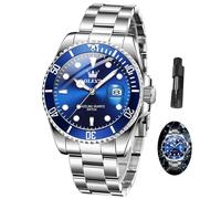 OLEVS Silver Quartz Classic Watches for Men Dress Waterproof Dial with Day Date Big Blue Face Men's Wrist Watches Luxury Analog Reloj para Hombre