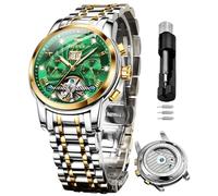 OLEVS Skeleton Watches for Men Luxury Diamond Wristwatch Automatic Mechanical Self Winding Luminous Waterproof, Green Dial, 9910