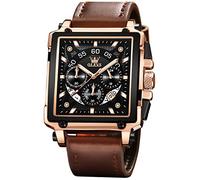 OLEVS Square Watches for Men Brown Leather Chronograph Fashion Business Watch Luminous Waterproof Casual Wrist Watches, Brown Leather, Chronograph