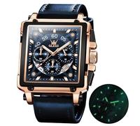 OLEVS Square Watches for Men Brown Leather Chronograph Fashion Business Watch Luminous Waterproof Casual Wrist Watches, Blue Leather, men watch