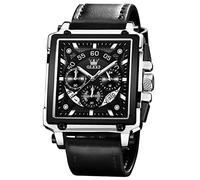 OLEVS Square Watches for Men Brown Leather Chronograph Fashion Business Watch Luminous Waterproof Casual Wrist Watches, Black Leather, Chronograph