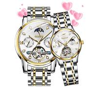 OLEVS Valentines Couple Pair Automatic Watches His and Her Couple Set Diamond Wrist Watch Men and Women Lovers Wedding Romantic Gifts Set of 2, AA: Two tone band & White dial, couple watch, Automatic