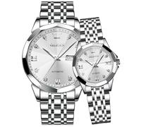 OLEVS Valentines Couple Pair Automatic Watches His and Her Couple Set Diamond Wrist Watch Men and Women Lovers Wedding Romantic Gifts Set of 2, 9982;silver band silver face