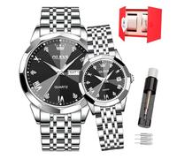 OLEVS Valentines Couple Pair Quartz Watches 3ATM Waterproof, Luminous Calendar Date，Casual Stainless Steel His and Hers Wristwatch for Men Women Lovers Wedding (9931- Monochrome Black Face 1 Pair)
