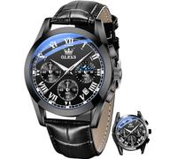 OLEVS Watch for Men Chronograph Brown Leather Gold Case Analog Quartz Fashion Business Dress Large Face Men Watch Day Date Luminous Waterproof Casual Male Wrist Watch Black/Blue/White Dial, black