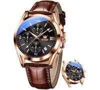 OLEVS Watch for Men Chronograph Brown Leather Gold Case Analog Quartz Fashion Business Dress Large Face Men Watch Day Date Luminous Waterproof Casual Male Wrist Watch Black/Blue/White Dial, brown
