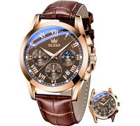 OLEVS Watch for Men Chronograph Brown Leather Gold Case Analog Quartz Fashion Business Dress Large Face Men Watch Day Date Luminous Waterproof Casual Male Wrist Watch Black/Blue/White Dial, brown