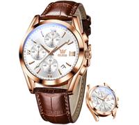 OLEVS Watch for Men Chronograph Brown Leather Gold Case Analog Quartz Fashion Business Dress Large Face Men Watch Day Date Luminous Waterproof Casual Male Wrist Watch Black/Blue/White Dial, white