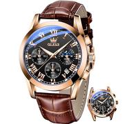 OLEVS Watch for Men Chronograph Brown Leather Gold Case Analog Quartz Fashion Business Dress Large Face Men Watch Day Date Luminous Waterproof Casual Male Wrist Watch Black/Blue/White Dial, black