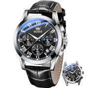 OLEVS Watch for Men Chronograph Brown Leather Gold Case Analog Quartz Fashion Business Dress Large Face Men Watch Day Date Luminous Waterproof Casual Male Wrist Watch Black/Blue/White Dial, sliver