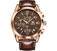 OLEVS Watch for Men Chronograph Brown Leather Gold Case Analog Quartz Fashion Business Dress Large Face Men Watch Day Date Luminous Waterproof Casual Male Wrist Watch Black/Blue/White Dial, Leather