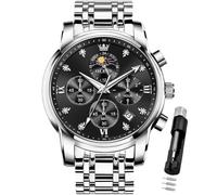 OLEVS Watch for Men Diamond Business Dress Analog Quartz Stainless Steel Waterproof Luminous Date Two Tone Luxury Casual Wrist Watch, silver black watch 3655, men watch