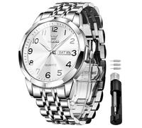 OLEVS Watch for Men Luxury Dress Analog Quartz Stainless Steel Waterproof Luminous Date Diamond Business Two Tone Casual Wrist Watch, Silver, Classic