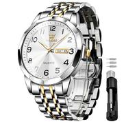 OLEVS Watch for Men Luxury Dress Analog Quartz Stainless Steel Waterproof Luminous Date Diamond Business Two Tone Casual Wrist Watch, Gold-white, Classic