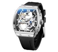 OLEVS Watch for Men Skeleton Automatic Tonneau Silicone Strap Business Luxury Waterproof Luminous Mechanical Men Wrist Watch, Skeleton Watch：Silver Black