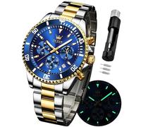 OLEVS Watch for Men Stainless Steel Analog Quartz Chronograph Moon Phase Watch Waterproof Date Luminous Wrist Male Watches,Gift for Men, Blue, classic fashion