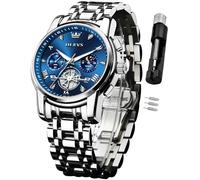 OLEVS Watch for Men Stainless Steel Chronograph Big Face Easy to Read Analog Quartz Watches Luxury Waterproof Date Diamond Roman Arabic Numerals Dial Dress Wrist Watches, 2856:Silver Blue