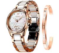 OLEVS Watch for Women Automatic Self Winding Mechanical Ladies Wrist Watch Big face Two Tone Stainless Steel Ceramic Bracelet Heart Diamond Fashion Luxury Ceramic Band Luminous Waterproof…, white