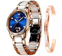 OLEVS Watch for Women Automatic Self Winding Mechanical Ladies Wrist Watch Big face Two Tone Stainless Steel Ceramic Bracelet Heart Diamond Fashion Luxury Ceramic Band Luminous Waterproof…, Blue,