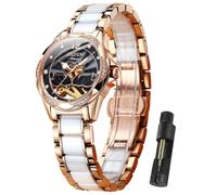 OLEVS Watch for Women Automatic Self Winding Mechanical Ladies Wrist Watch Big face Two Tone Stainless Steel Ceramic Bracelet Heart Diamond Fashion Luxury Ceramic Band Luminous Waterproof, Black