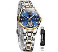 OLEVS Watch for Women Automatic Self Winding Mechanical Ladies Wrist Watch Big face Two Tone Stainless Steel Ceramic Bracelet Heart Diamond Fashion Luxury Ceramic Band Luminous Waterproof, Blue-6608
