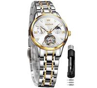 OLEVS Watch for Women Automatic Self Winding Mechanical Ladies Wrist Watch Big face Two Tone Stainless Steel Ceramic Bracelet Heart Diamond Fashion Luxury Ceramic Band Luminous Waterproof, White-6608