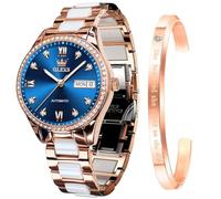 OLEVS Watch for Women Automatic Self Winding Mechanical Ladies Wrist Watch Big face Two Tone Stainless Steel Ceramic Bracelet Heart Diamond Fashion Luxury Ceramic Band Luminous Waterproof, Blue-6637