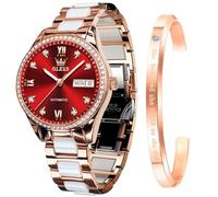 OLEVS Watch for Women Automatic Self Winding Mechanical Ladies Wrist Watch Big face Two Tone Stainless Steel Ceramic Bracelet Heart Diamond Fashion Luxury Ceramic Band Luminous Waterproof, Red-6637