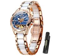 OLEVS Watch for Women Automatic Skeleton Diamond Fashion Watches Mechanical Self Winding Luxury Waterproof Gift Women Wrist Watch, Blue dial-A, Modern